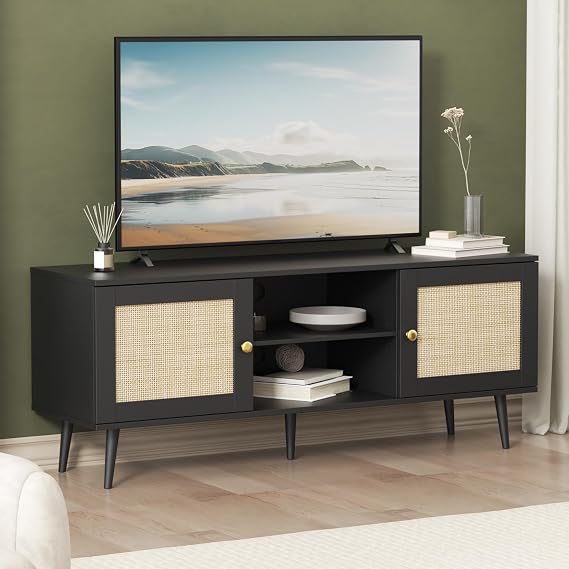 Furnify Rattan TV Stand for 50/55/60 inch TV, Boho 53" Entertainment Center with Storage, Modern Mid Century Media Console with Rattan Doors and Adjustable Shelf, Wood TV Stand for Living Room, Black