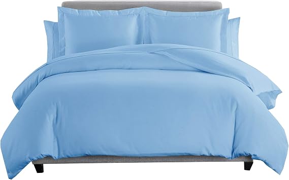 8 Pieces 100% Cotton Solid Blue Full Goose Down Bed in a Bag Set Including 600TC Sheet Set + 600TC Duvet Cover Set+ All Season Striped Goose Down Comforter 600 Fill Power