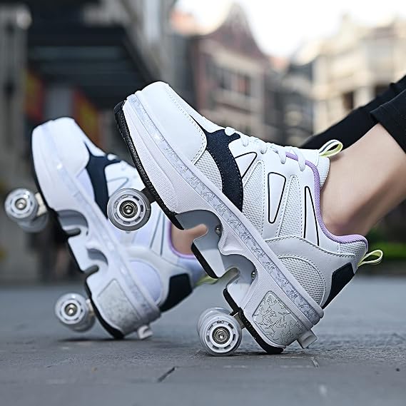 Deformation Roller Skate Shoes Double-Row Roller Shoes For Women Men Adult Sneakers Running Shoes with Deform Wheels,GreyBlue-EU36/UK3