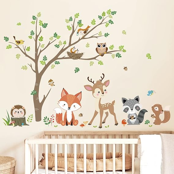 decalmile Woodland Animals Tree Fox Deer Owl Wall Decals Stickers