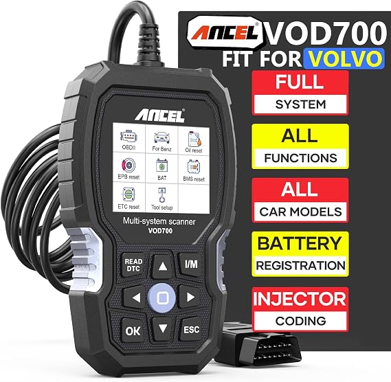 ANCEL VOD700 All-System OBD2 Scanner for Volvo, Diagnostic Code Reader | Reads and Clears Codes Across Major Vehicle Systems, With ABS Bleeding And Oil, BMS, EPB, TPMS, Injector and Etc Services