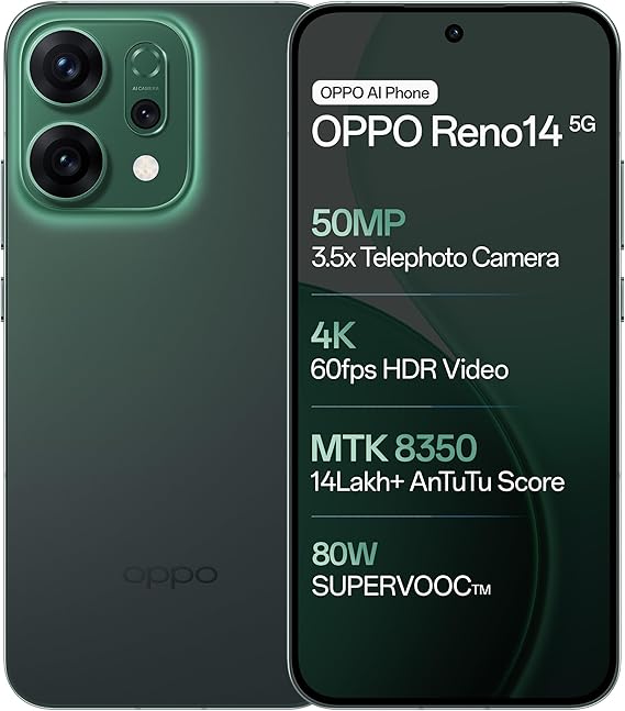 OPPO Reno14 5G (Forest Green, 8GB RAM, 256GB Storage) with No Cost EMI/Additional Exchange Offers