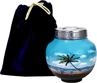 HLC Blue Palm Tree Design Cremation Urn - Aluminium Memorial Urn for Human Ashes - 6 x 5