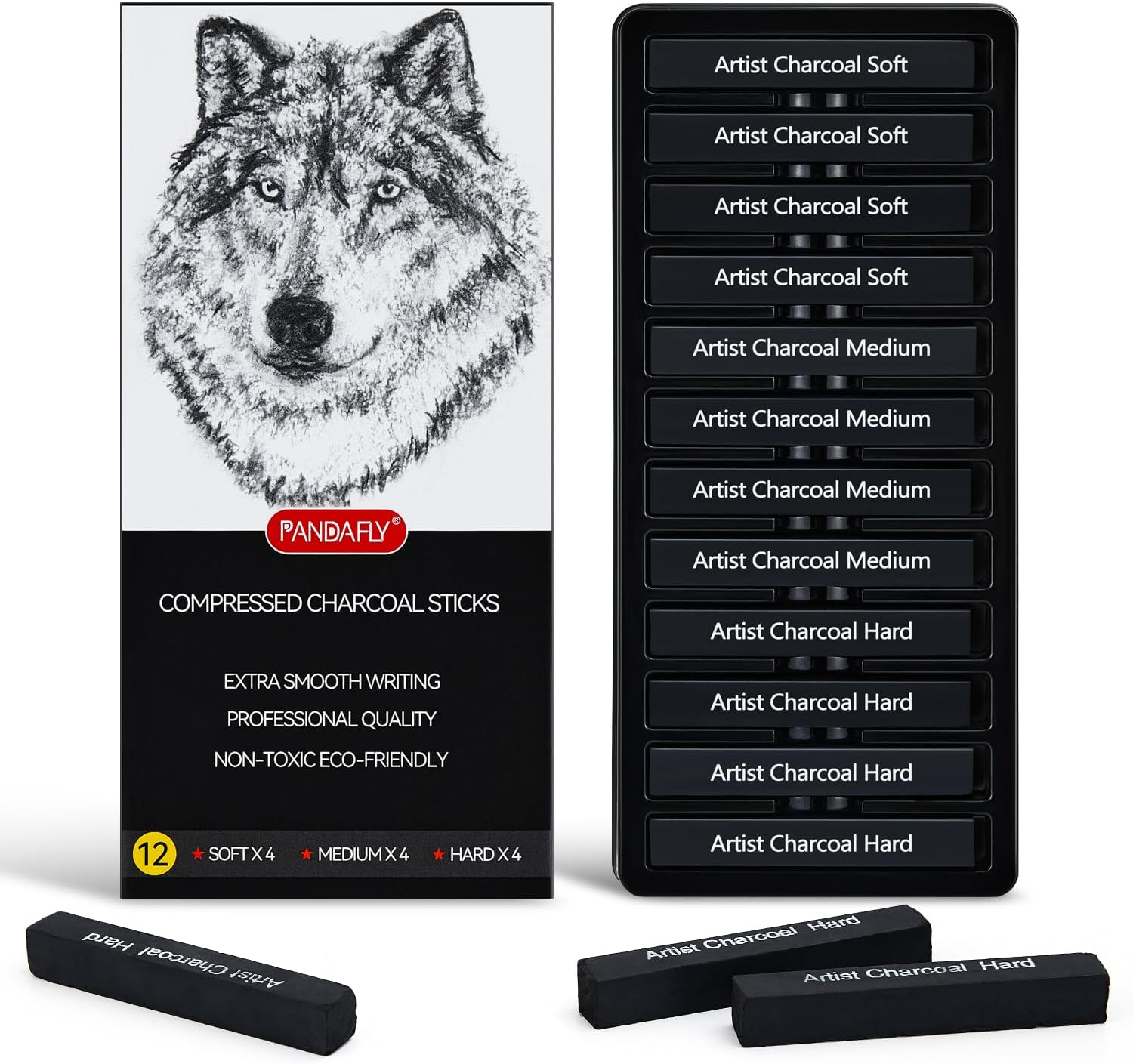 PANDAFLY Compressed Charcoal Sticks, 12 Pieces (Soft, Medium, Hard) Square Vine Charcoal Sticks for Drawing, Sketching, Shading, Charcoal Drawing Set for Beginners & Pro Artists