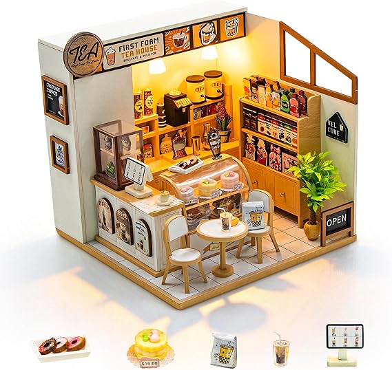 Cuteefun DIY Miniature Dollhouse Kit with LED Light -Tea House