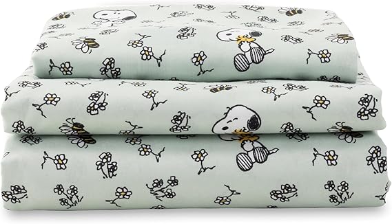 Berkshire Peanuts Sheet Set Twin Size - 3 Pieces,Cute Character Snoopy Printed Soft Microfiber Bed Sheets,Mini Snoopy & Woodstock New Flower and Bees Sage