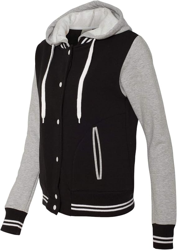 Move U Women's Gray & Black Snap Front Varsity Bomber Jacket with Hood