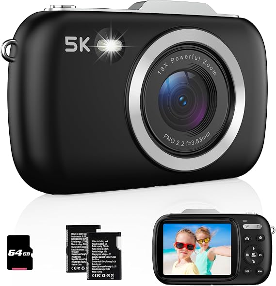 Digital Camera, UHD 5K 80MP Point and Shoot Digital Cameras with 18X Digital Zoom, 64GB TF Card, Compact Small Camera for Kids (Black)