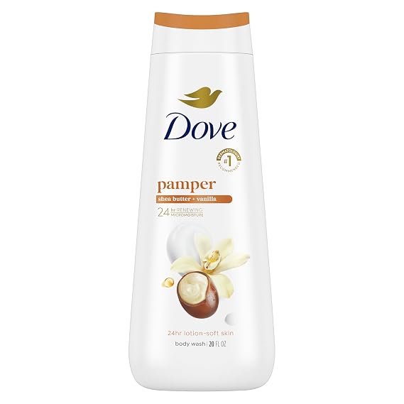 Dove Body Wash Pamper Shea Butter & Vanilla for 24hr Lotion-Soft Skin Moisturizing Skin Cleanser with No Sulfates No Parabens 20 oz