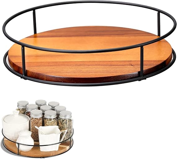 9’’ Turntable Organizer Wooden Lazy Susan Non-Slip 360° Rotating Storage Turntable Spice Rack Cupboard Round for Table Top Cabinet Kitchen Bathroom