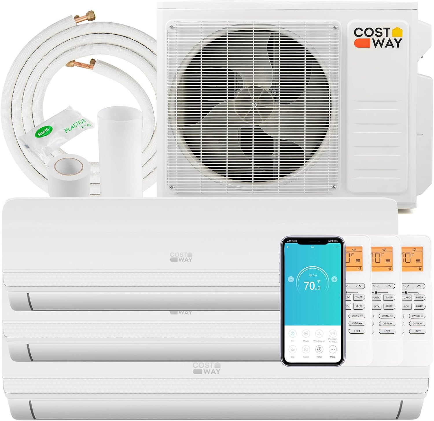 COSTWAY 36k BTU Tri 3 Zone Mini Split Air Conditioner, 19 SEER2 12,000 12,000 18,000 BTU Wifi Enabled Ductless Wall Mounted Inverter Air Conditioner & Heater Pump, Work with AlexaThundrive Series