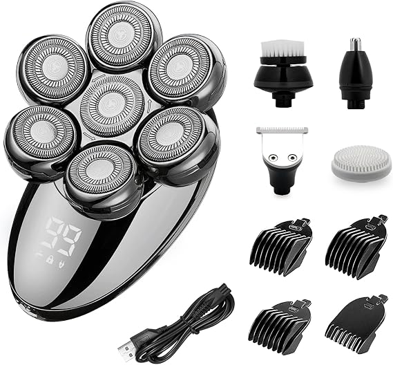 5-in-1 Detachable Head Shaver Bald Men 7D Electric Shaver IPX7 Waterproof Wet/Dry Men's Face Pinch Anti-Pinch Grooming Kit with LED Display, RS-6900S