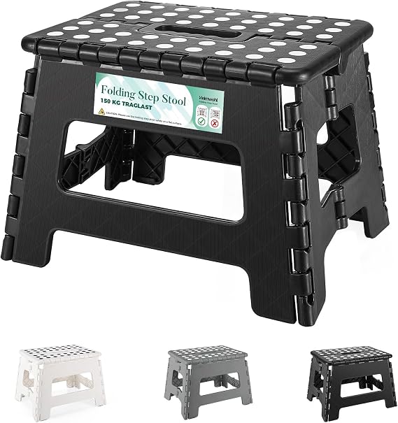 Durable Folding Step Stool, Black Foldable Stool, 9 Inch for Kids & Adults, Supports Up to 150kg, Lightweight & Easy to Store, Fold Up Stool with Anti-Slip Design, Ideal for Shower Room Use