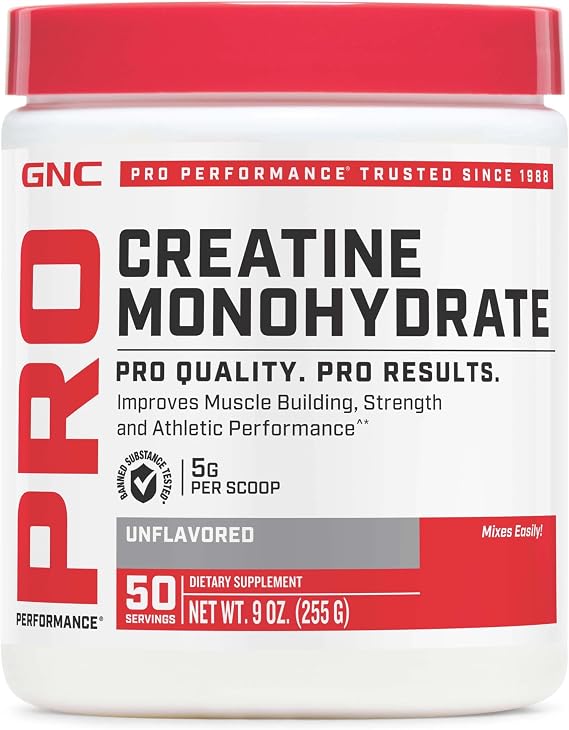 GNC Pro Performance Micronized Creatine Monohydrate, 9 oz, 50 Servings | Supports Muscle Strength, Energy Production, and Athletic Endurance, Gluten-Free and Tested for Banned Substances
