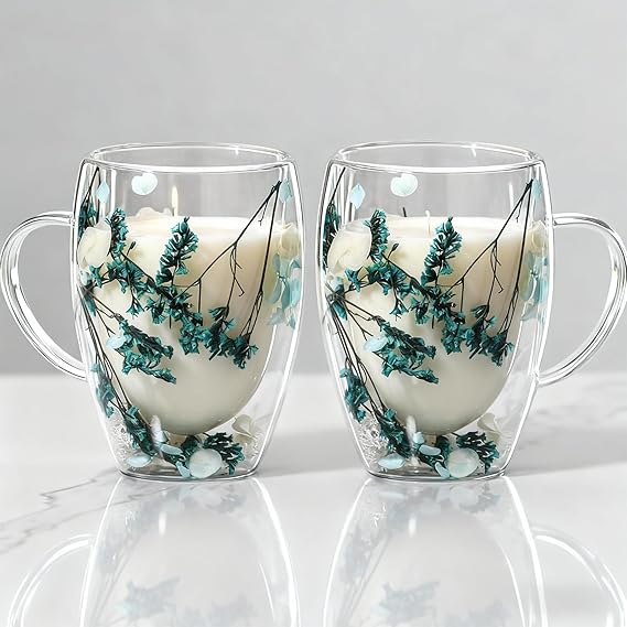 350ml Dried Flower Double Walled Glass Mugs Set of 2, Double Insulated Coffee Mugs with Handles, Drink Glasses Tea Cup Mugs for Coffee Tea Milk Juice Ice Cream(Blue Series)