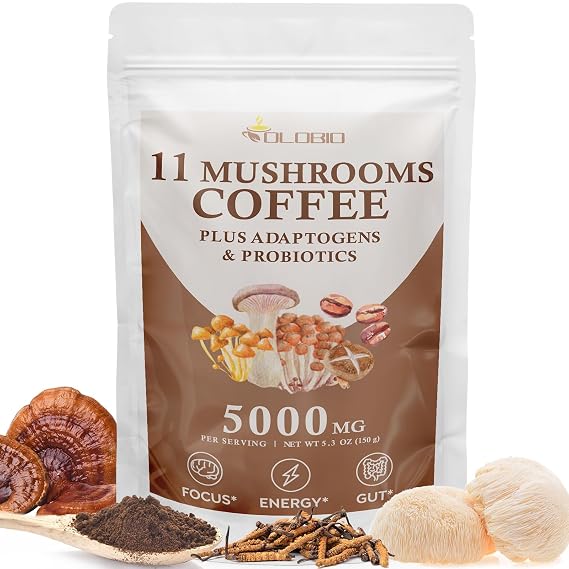 Mushroom Coffee, 11 Organic Mushroom Coffee for Focus, Energy, Gut, 5.3 oz