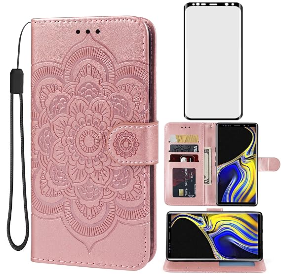 Case for Galaxy Note 9 Case, Samsung Note 9 N960U Wallet Case with Tempered Glass Screen Protector, Leather Flip Credit Card Holder Stand Phone Cover Cases for Samsung Galaxy Note 9 Rose Gold