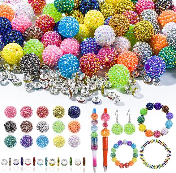 16mm Beads for Pens - 30 Pcs Rhinestone Beads and 220 Pcs Spacer Bead for Beadable Pens - Glitter Acrylic Bubblegum Round Bling Focal Bead for Bracelets - Beaded Pen Supplies (Colorful)