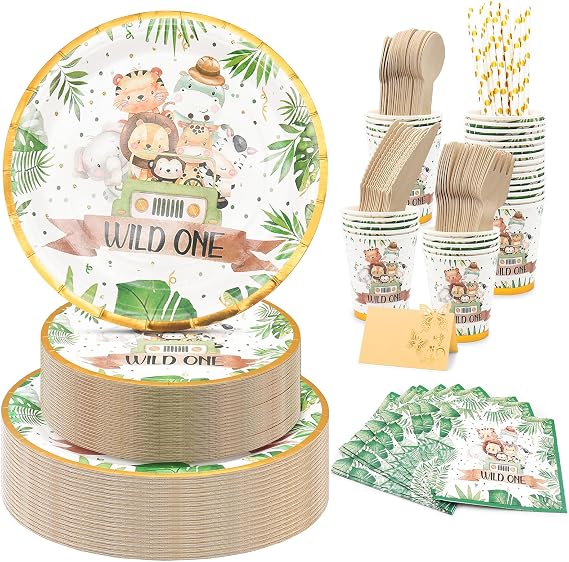 201PCS Jungle Animal Party Tableware for 25 Guests – Safari Disposable Plates, Cups, Napkins with Wooden Cutlery & Name Card – Eco Party Pack for Kids Birthday, Zoo Theme, Picnic