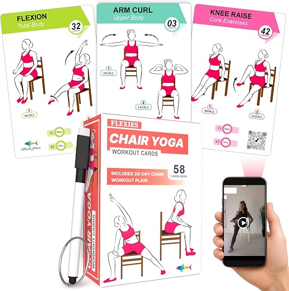 Flexies Chair Yoga Workout Cards 58 Seated Exercise Cards for Beginners & Seniors | 28 Day Chair Workout Chart for Weight Loss, Strength, Flexibility & Balance
