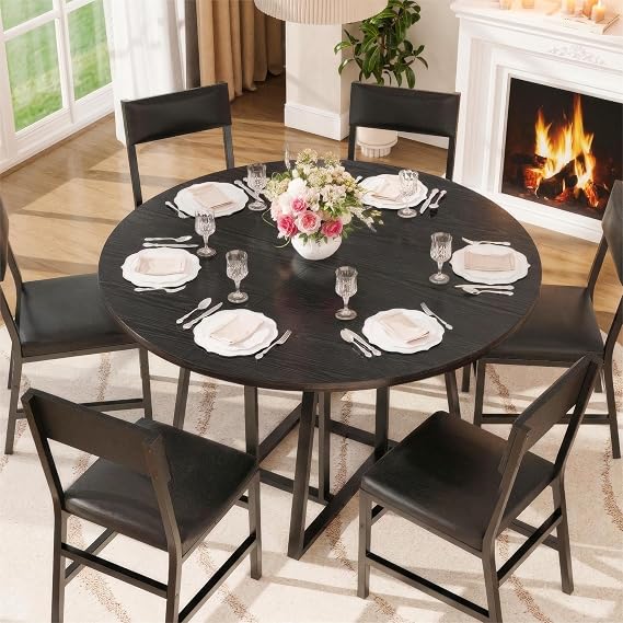 Dining Room Table Set for 6, 7-Piece Kitchen Table Chairs for 6, 47'' Round Dining Table Set 6 Chairs, Space Saving Dining Table with Wood for Kitchen, Living Room, Black