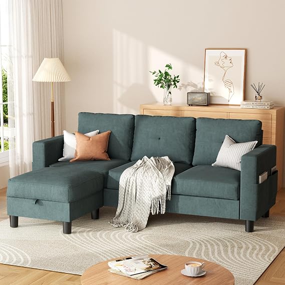 SUNLEI L Shaped Couch for Living Room, 76" Convertible Sectional Sofa Couches, Small Modular Sofa with Linen Fabric & Chaise, Midnight Grey