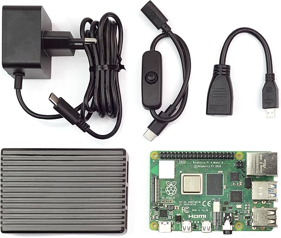 Raspberry Pi 4 Modell B 4GB RAM Komplettset mit Full Armor Aluminiumgehäuse Titanium grau Micro HDMI Adapterkabel USB-C Schalterkabel und offiziellem 51V 3A Netzteil EU