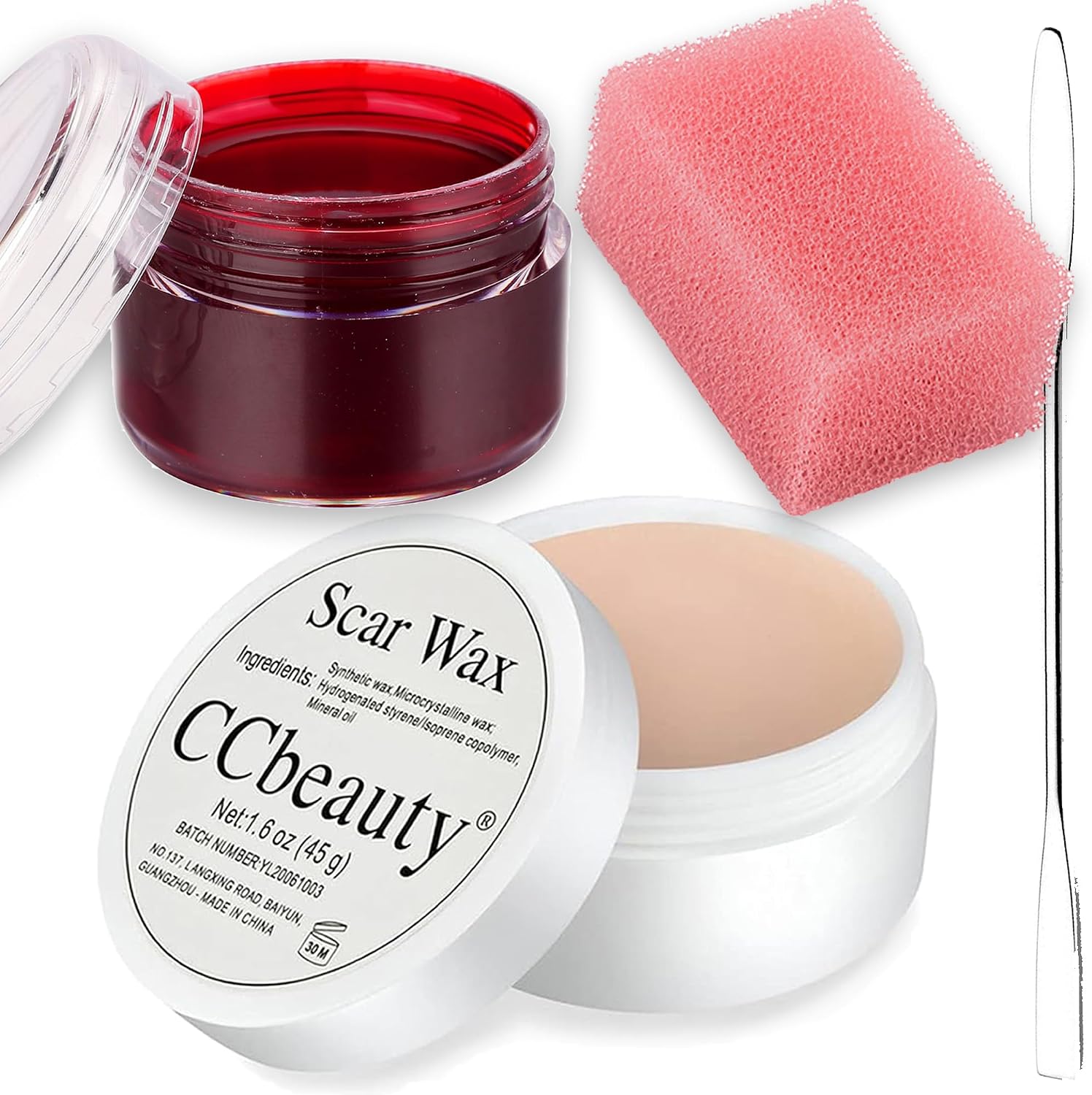 CCbeauty Special Effects Stage Makeup Wax 1.6 Oz Fake Wound Moulding Scars Kit with Spatula，Scab Blood0.63Oz  Pink Stipple Sponge
