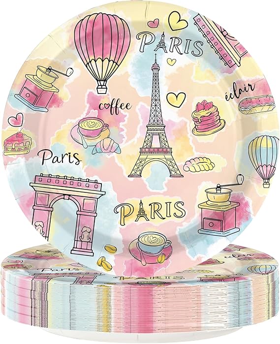 50Pcs Paris Themed Paper Plates 9 Inch for Romantic Birthday