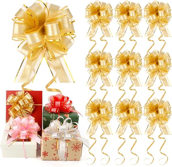 Pull Bows 10 Pcs Gold Bows for Gift Wrapping 6 inch Christmas Bows Large Organza Ribbon Pull Bows for Christmas Wedding Party Flower Decoration Gift Bows Boxes Basket Valentine for Gift Present