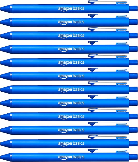 Amazon Basics Retractable Ballpoint Pens with Comfortable Grip for Smooth Writing, Blue Ink, Office and School Supplies, 12-Pack
