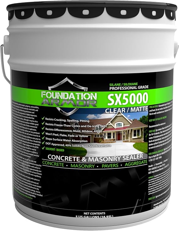 Armor SX5000 Deep Penetrating Solvent-Based Silane Siloxane 5 Gallon Concrete Sealer - Professional Grade Long Lasting Natural Sealer for Concrete, Brick, Pavers, Stone, and Masonry