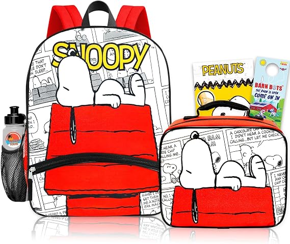 Peanuts Snoopy Backpack and Lunch Box Set for Kids School Bundle + More | Insulated Lunch Bag & 16in Large Durable Snoopy Bookbag Plus Water Bottle, Stickers, More - Peanuts School Supplies