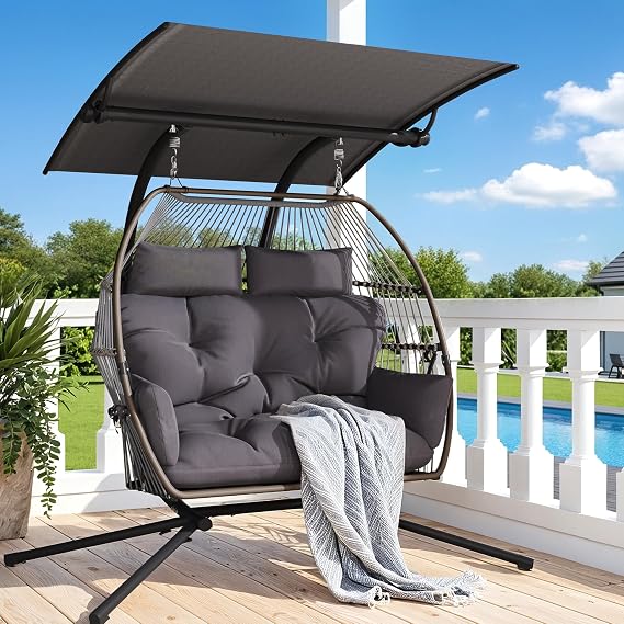 Oversized Double Hanging Swing Chair with Removable & Adjustable Canopy, Double Egg Chair, Outdoor Hammock Egg Chair with Cushion & Basket, Swinging Loveseat for Patio, Balcony, Garden
