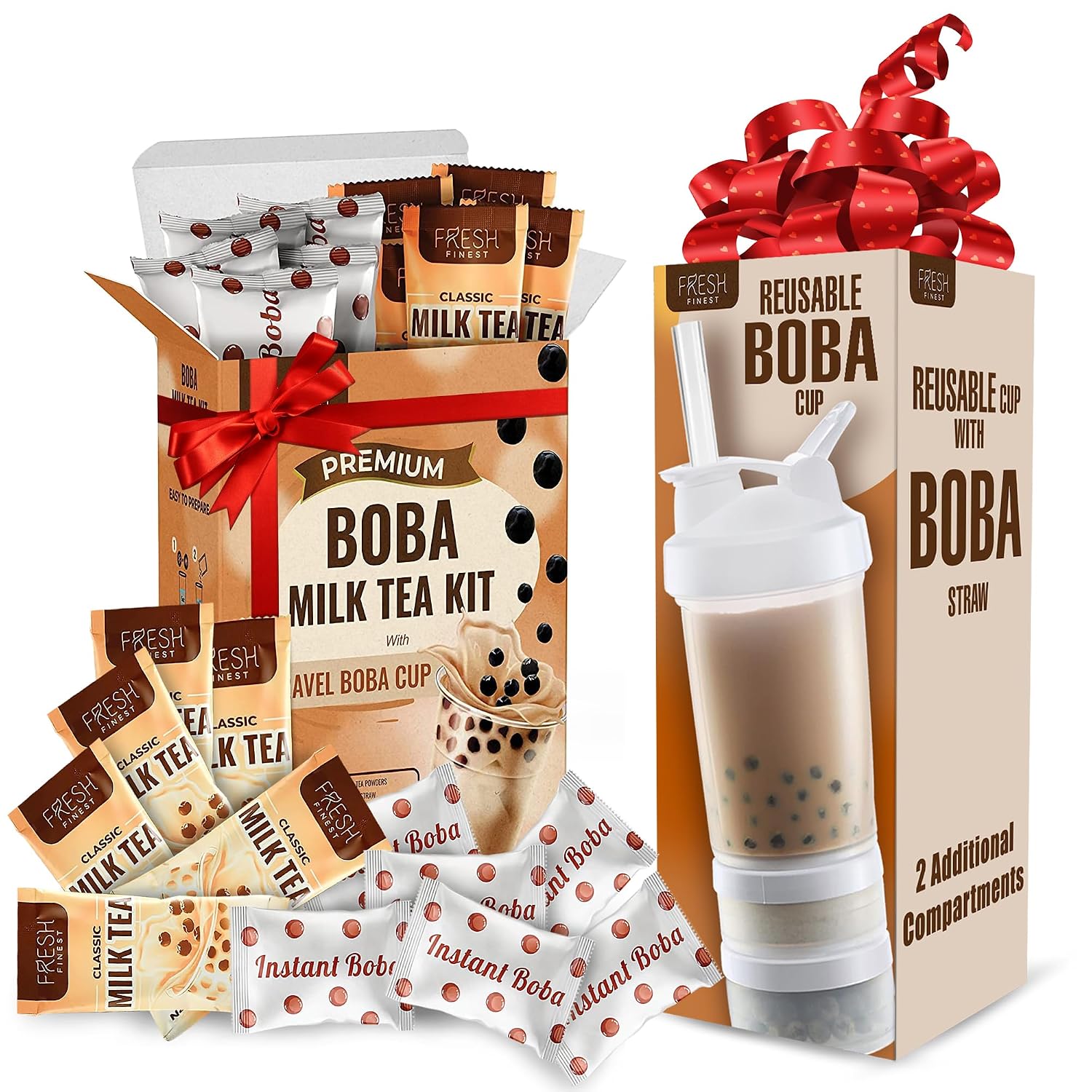 Fresh Finest Instant Boba Tea Kit with Tapioca Pearls  Reusable Boba Cup & Straw 6 Servings Bubble Tea Kit - 6 Classic Milk Tea Packets & 6 Bubble Tea Pearls Packets - Ideal Gift For All Occasions