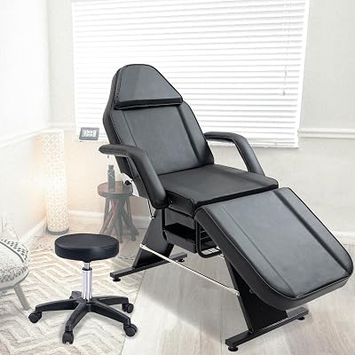 Massage Salon Tattoo Chair with Two Trays Esthetician Bed with Hydraulic Stool,Multi-Purpose 3-Section Facial Bed Table, Adjustable Beauty Barber Spa Beauty Equipment, Black