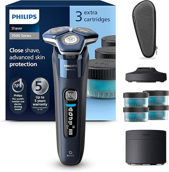 Philips Shaver Series 7000 - Wet & Dry Men's Electric Shaver with SkinIQ Technology, Razor with Pop-up Trimmer, Charging Stand, Travel Case, Quick Clean Pod and 4X Cartridges (Model S7885/63)