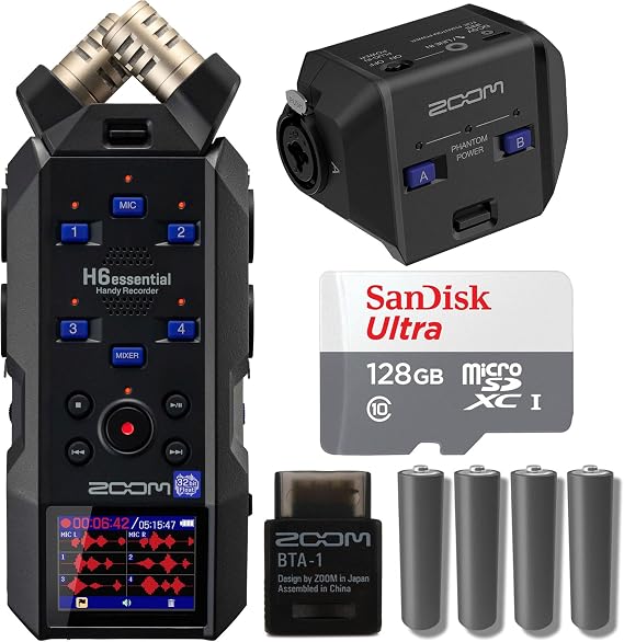 Zoom H6essential 6-Track 32-Bit Float Portable Audio Recorder with EXH-6e Dual XLR-1/4" TRS Input Capsule Basic Accessory Bundle