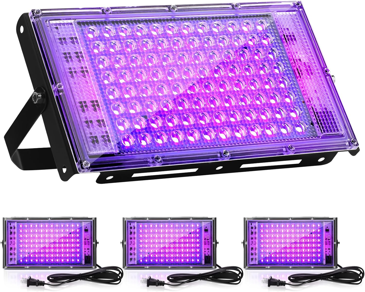 VIHOSE 4 Pieces 100W LED Blacklight UV Black Lights for Glow Party IP65 Waterproof Blacklight with Plug and Switch Floodlight for Black Light Fluorescent Poster Body Painting Neon Party Halloween