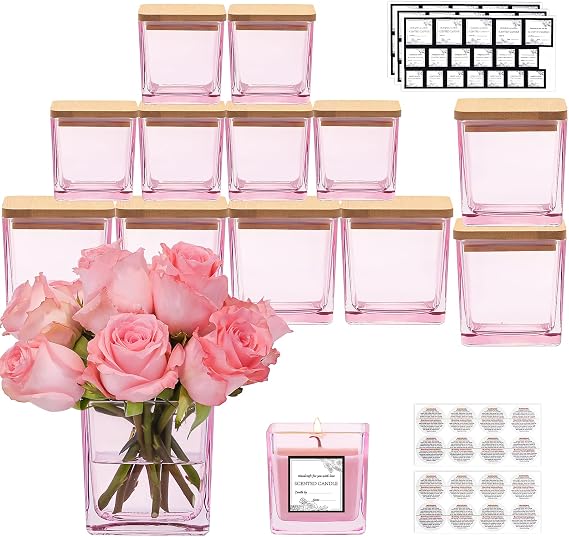 CONNOO 12 Pack 9oz & 3oz Pink Glass Square Candle Jars with Bamboo Lids | Dual-Size Thick Glass Bulk Candle Containers for Candle Making, Airtight Lids & Warning Labels Included, Dishwasher Safe