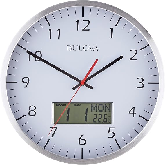 Bulova Manager Wall Clock C4810 | 14" Brushed Aluminum Industrial Frame with Digital Date & Temperature Display | Silent Sweep Quartz Movement | Battery Operated | Office & Home Decor