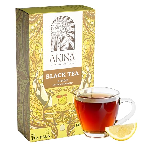AKINA - Lemon Flavored Black Tea Bags, Individually Wrapped, Fruity String and Tag Kenyan Lemon Tea Bags, Tangy and Zesty with Invigorating Aroma (Box of 25) (50g)