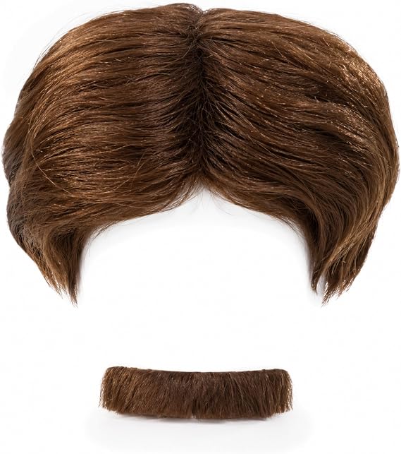 Kangaroo Fake Brown 70s Mens Wig & Mustache Set for 70's Outfits for Men