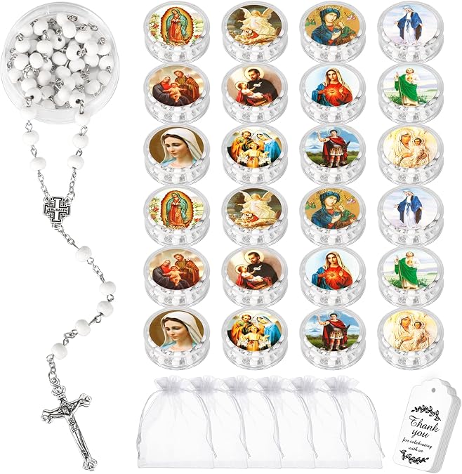 24 Pcs Scented Catholic Rosaries Bulk Wood Bead Crucifix Pendant Rosary Necklace for Baptism First Communion Favors, Holy Catholic Regligious Event Prayer Gifts, Stocking Stuffers for Women Men