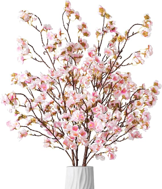 Ammyoo 4 Pcs Artificial Cherry Blossom Flower Branches, Bulk Silk Faux Flowers Real Touch Bouquet for Home Wedding Party Centerpieces Spring Summer Decor, Vase Not Included(Light Pink)