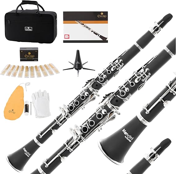 Mendini by Cecilio Ebonite Bb Clarinet Kit for Beginner - Black | B Flat Clarinet Kit with 10 Reeds, Mouthpiece, Cork Grease, Hard Case, Stand, Pocketbook, Cleaning Cloth, Gloves