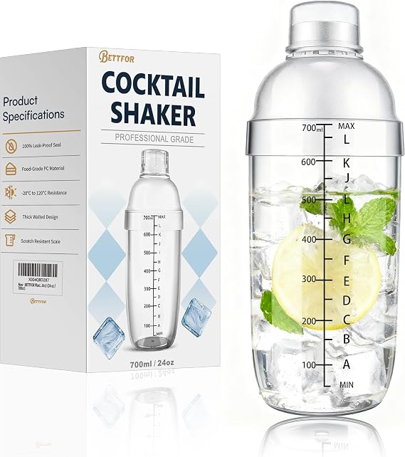 Plastic Cocktail Shaker with Measuring Scale 24oz (700ml), Leak-Proof & Shatter-Resistant Drink Mixer for Bartending, Protein Shakes, Iced Coffee & Milk Tea