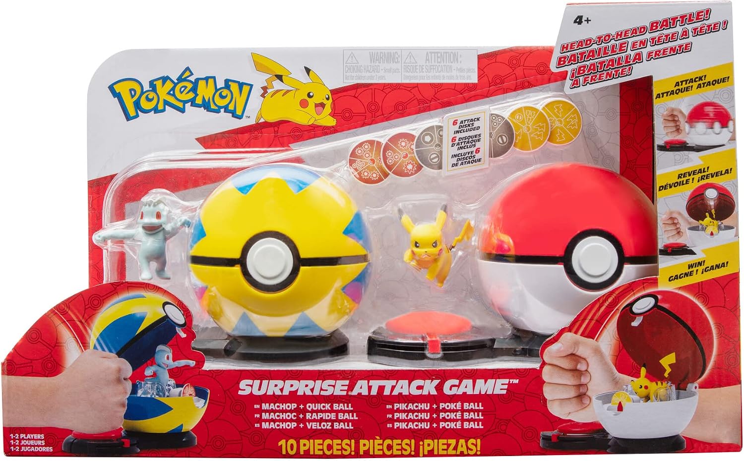 Pokemon PKW2721 Surprise Game-Includes Pikachu with Poke 2-Inch Machop with Quick Ball Plus Six Attack Discs, Multi