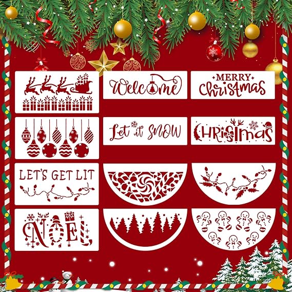 12 Pcs Christmas Doormat Stencils Reusable, Half Round Drawing Stencil Holiday Welcome Merry Xmas Let It Snow Templates for Painting on Wood Signs, Door Mats, DIY Home Crafts Decor (Christmas)