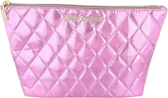 Juicy Couture Pink Makeup Bag Cosmetics Organizer Travel Essentials Top Zip Pouch Shiny Quilted